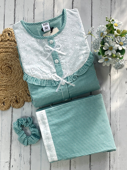 Green Checks Round Neck Pj Set (Women)