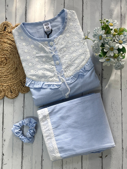 Blue Checks Round Neck Pj Set (Women)