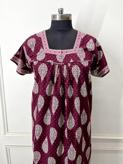 Dark wine Buta Cotton Nighty (Women)