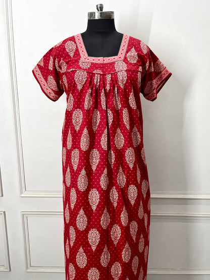 Red Buta Cotton Nighty (Women)