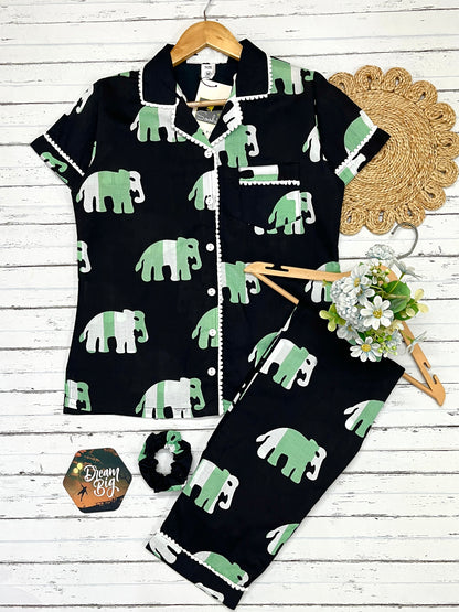 Black Green Elephant pure cotton Pj Set (Women)