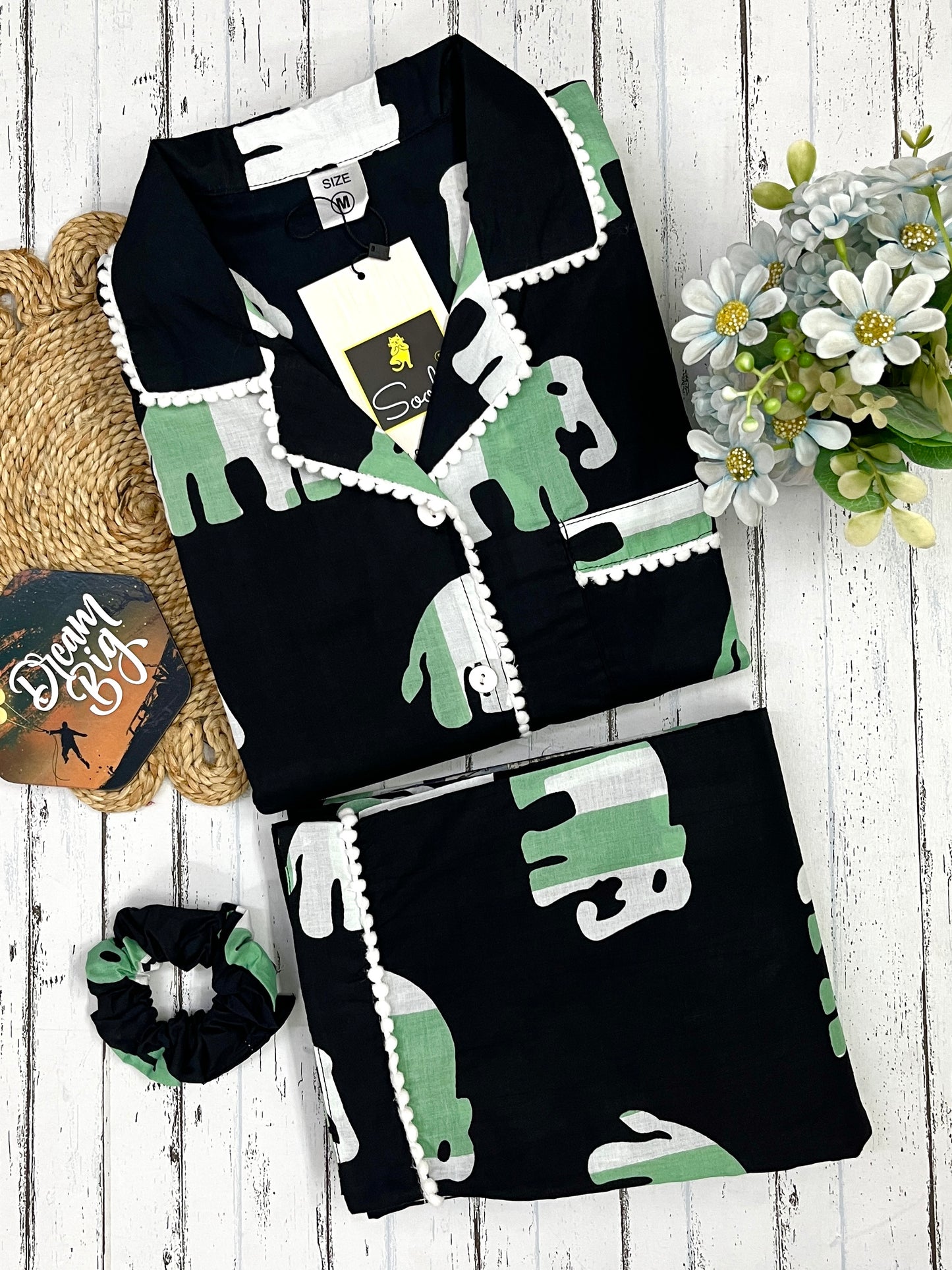 Black Green Elephant pure cotton Pj Set (Women)