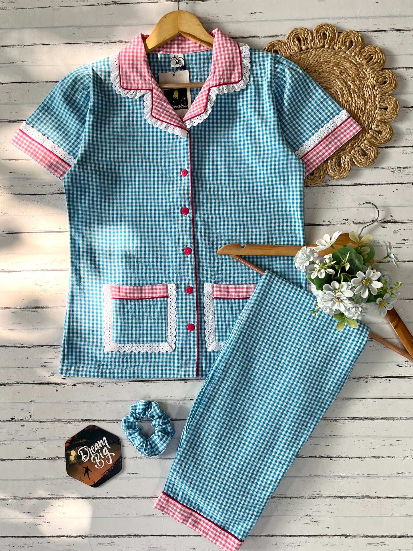 Blue Pink Daisy Checks Pj Set (Women)