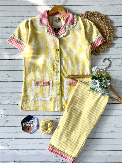 Yellow Orange Daisy Checks Pj Set (Women)