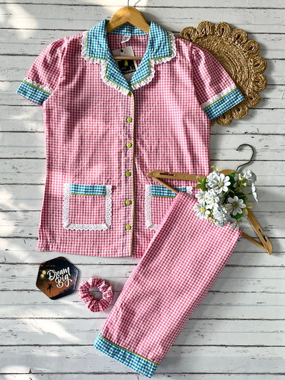 Pink Blue Daisy Checks Pj Set (Women)