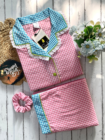 Pink Blue Daisy Checks Pj Set (Women)