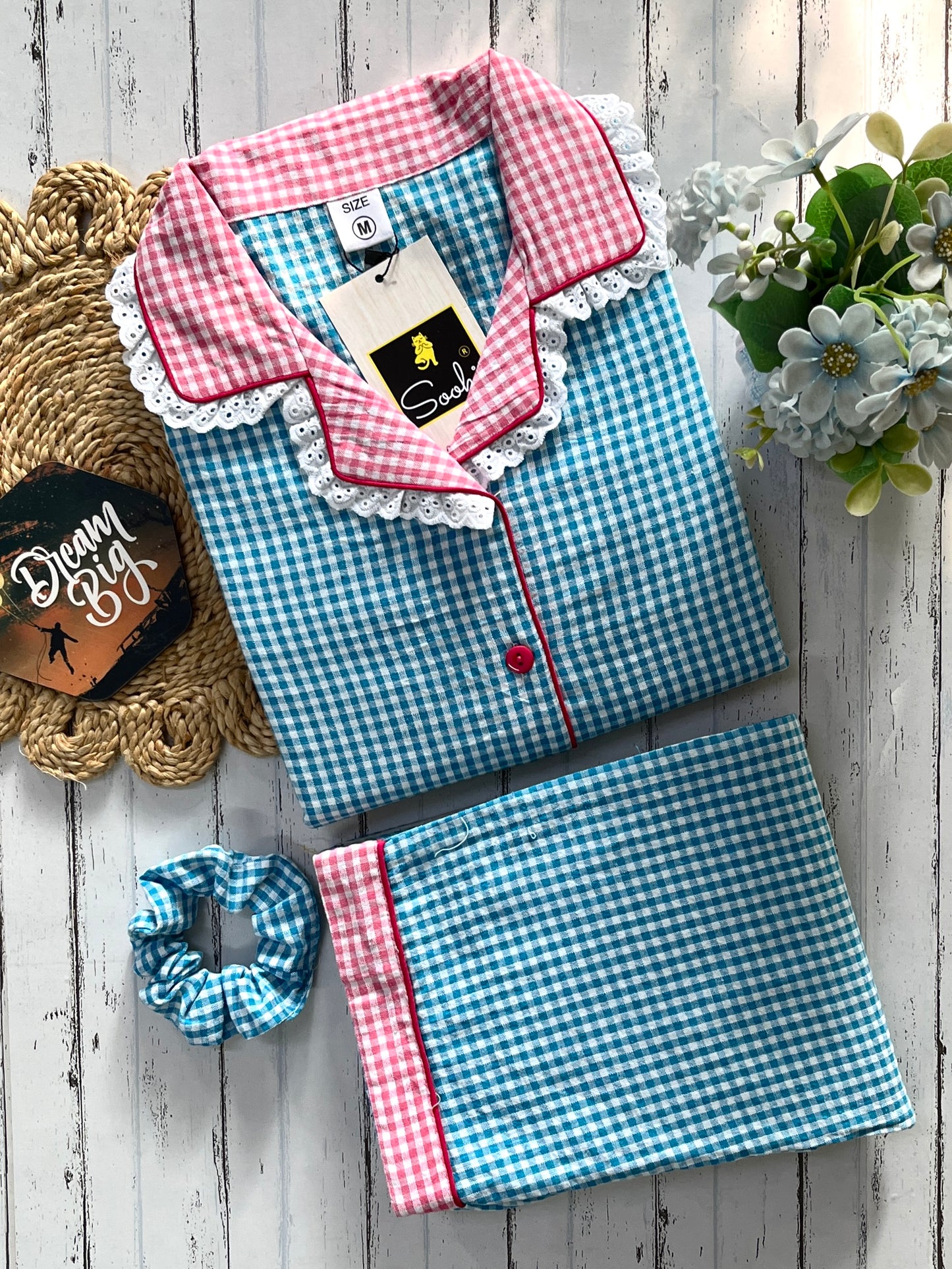 Blue Pink Daisy Checks Pj Set (Women)