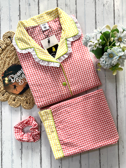 Orange Yellow Daisy Checks Pj Set (Women)