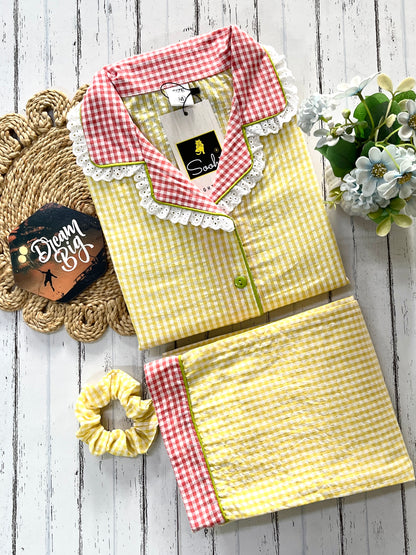 Yellow Orange Daisy Checks Pj Set (Women)