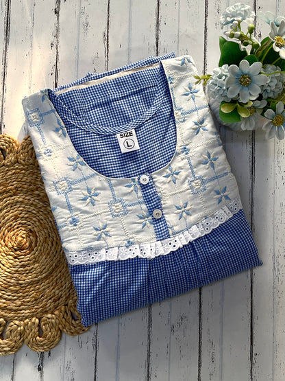 Blue Checks Cotton Nighty (Women)