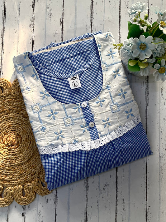 Blue Checks Cotton Nighty (Women)