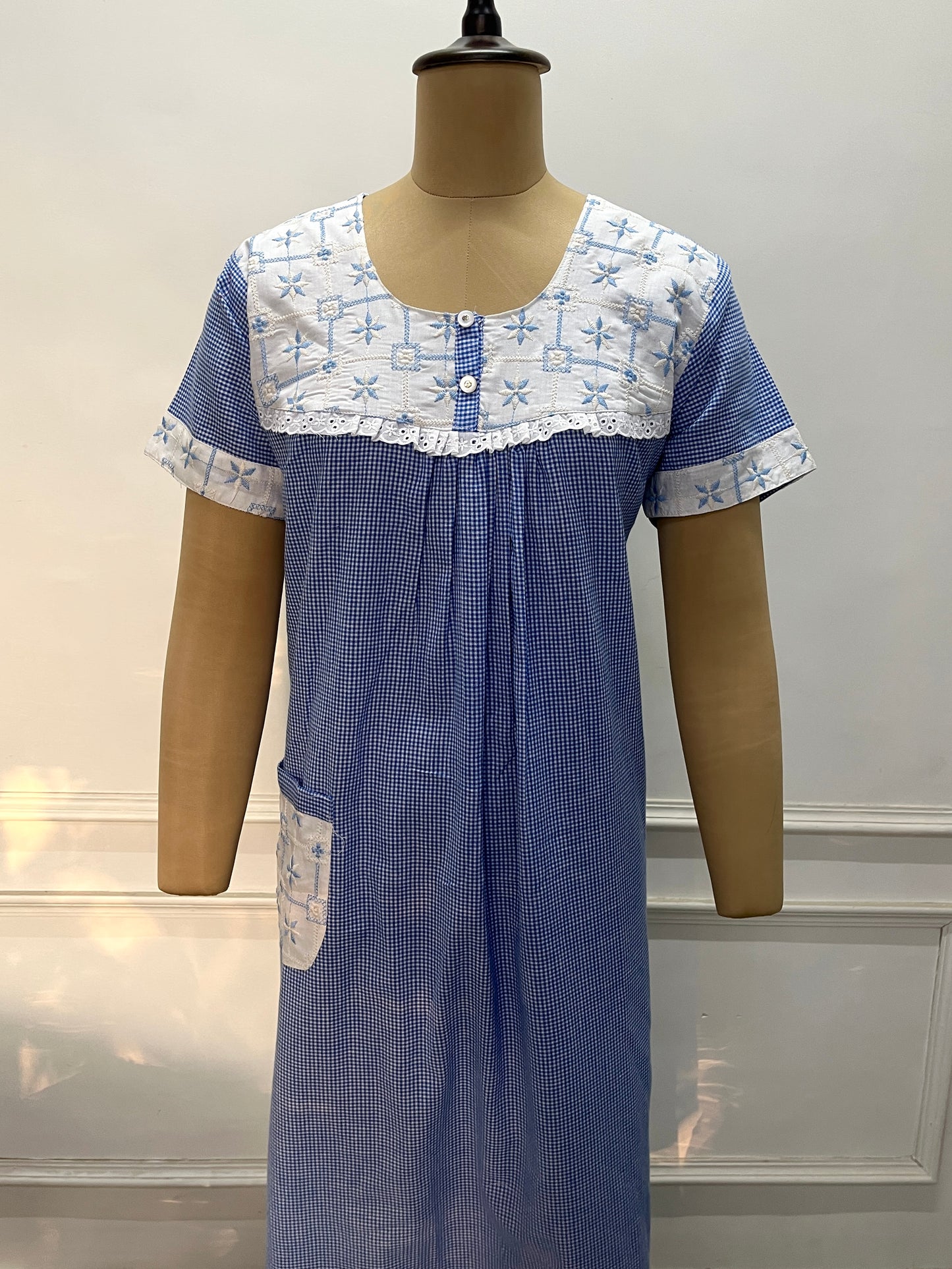 Blue Checks Cotton Nighty (Women)