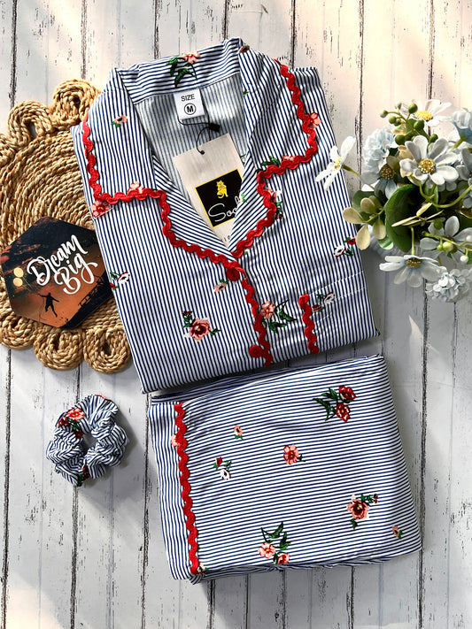 Navy Floral Stripe Pj Set (Women)
