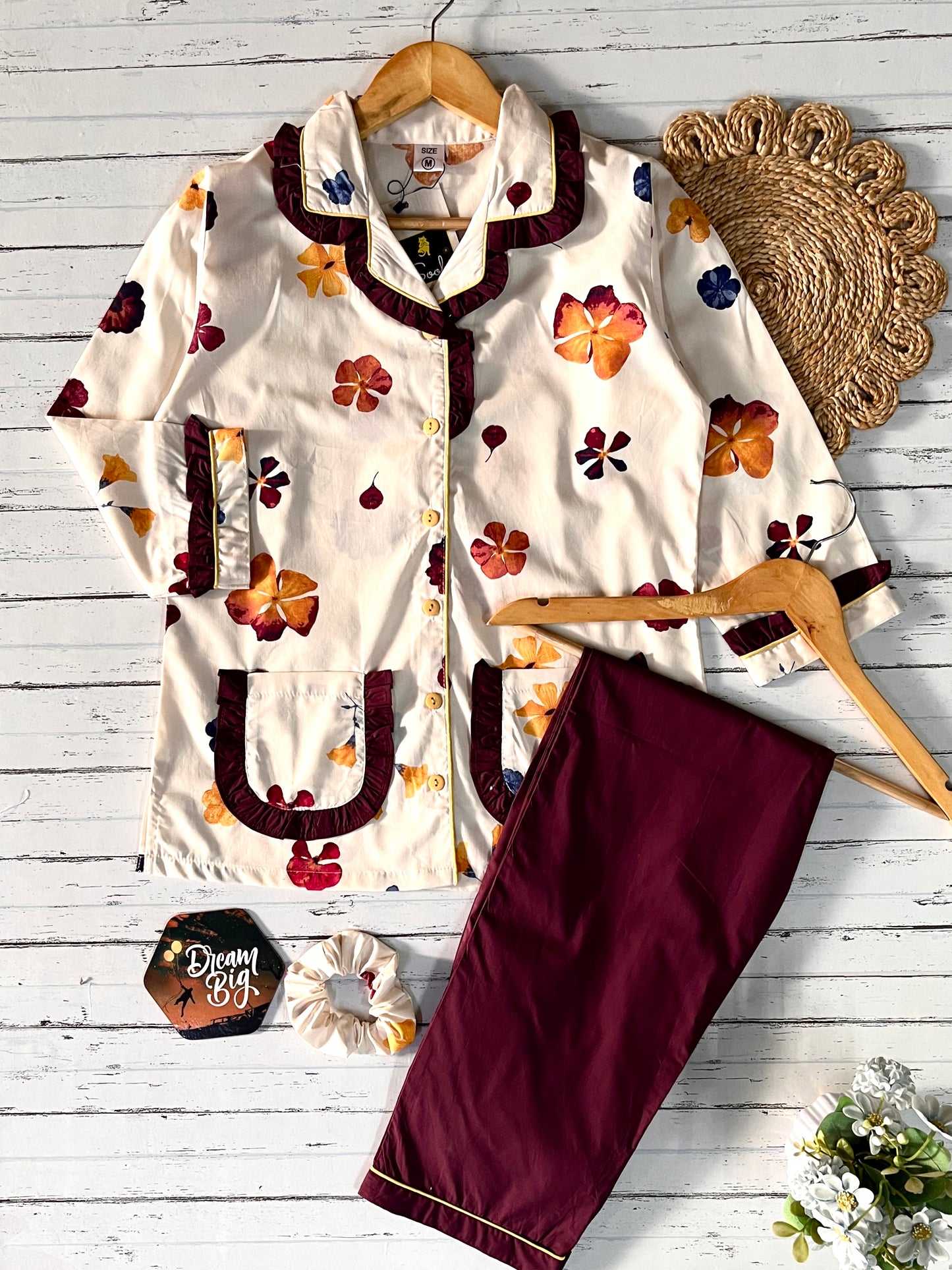 Burgundy Blossom with Frill PJ set (Women)