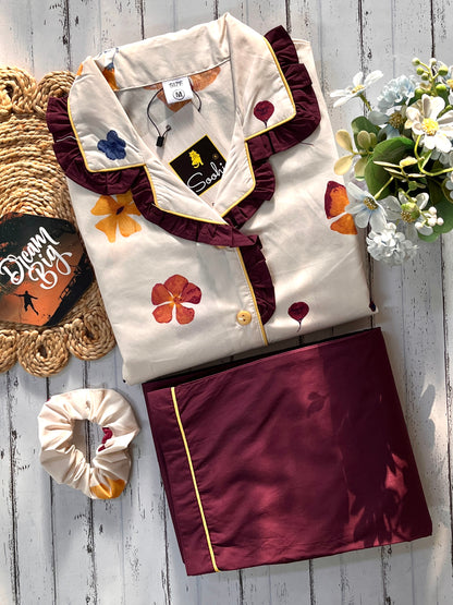 Burgundy Blossom with Frill PJ set (Women)