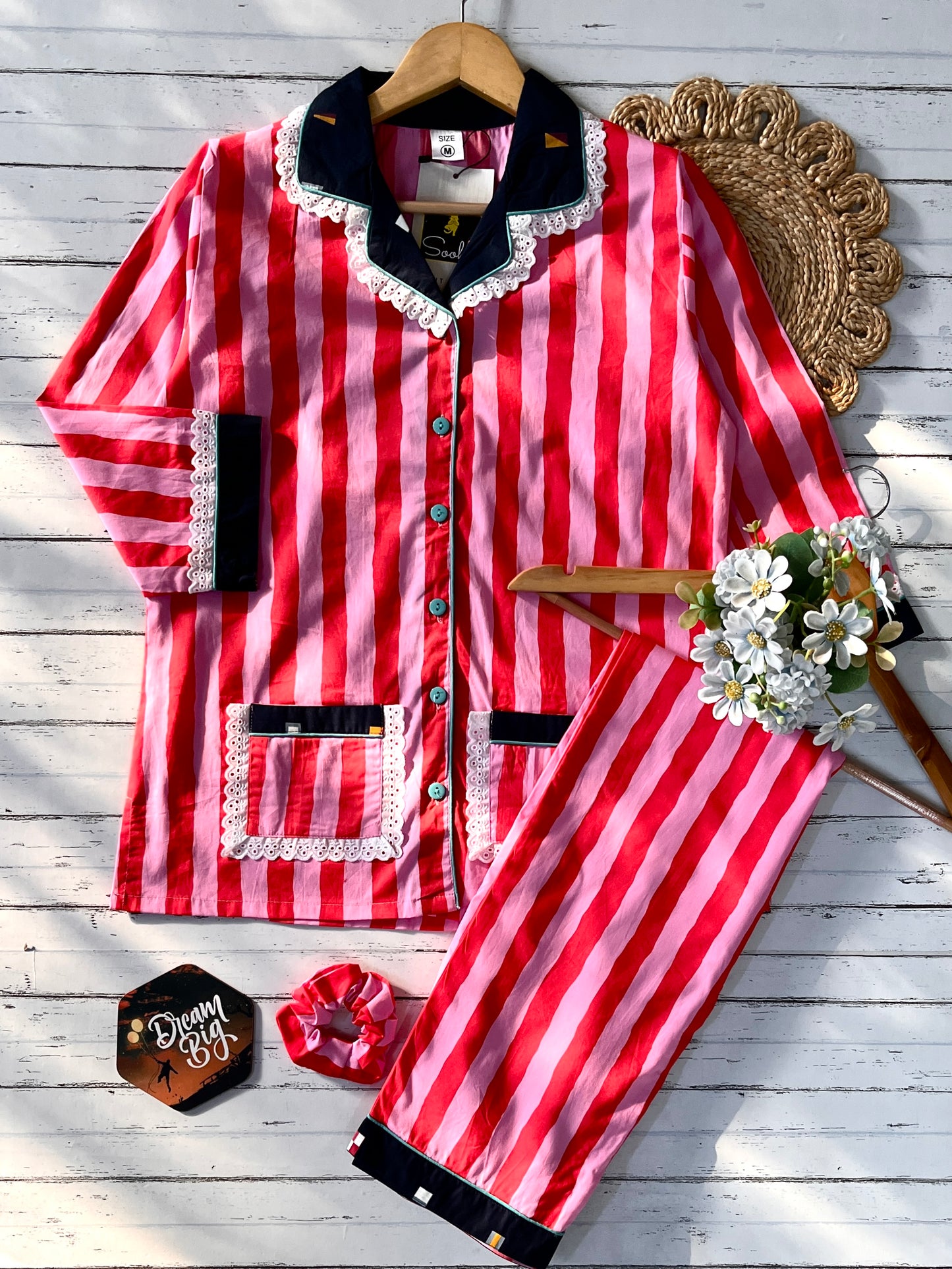 Pink Stripe Lace Nightsuit PJ set (Women)