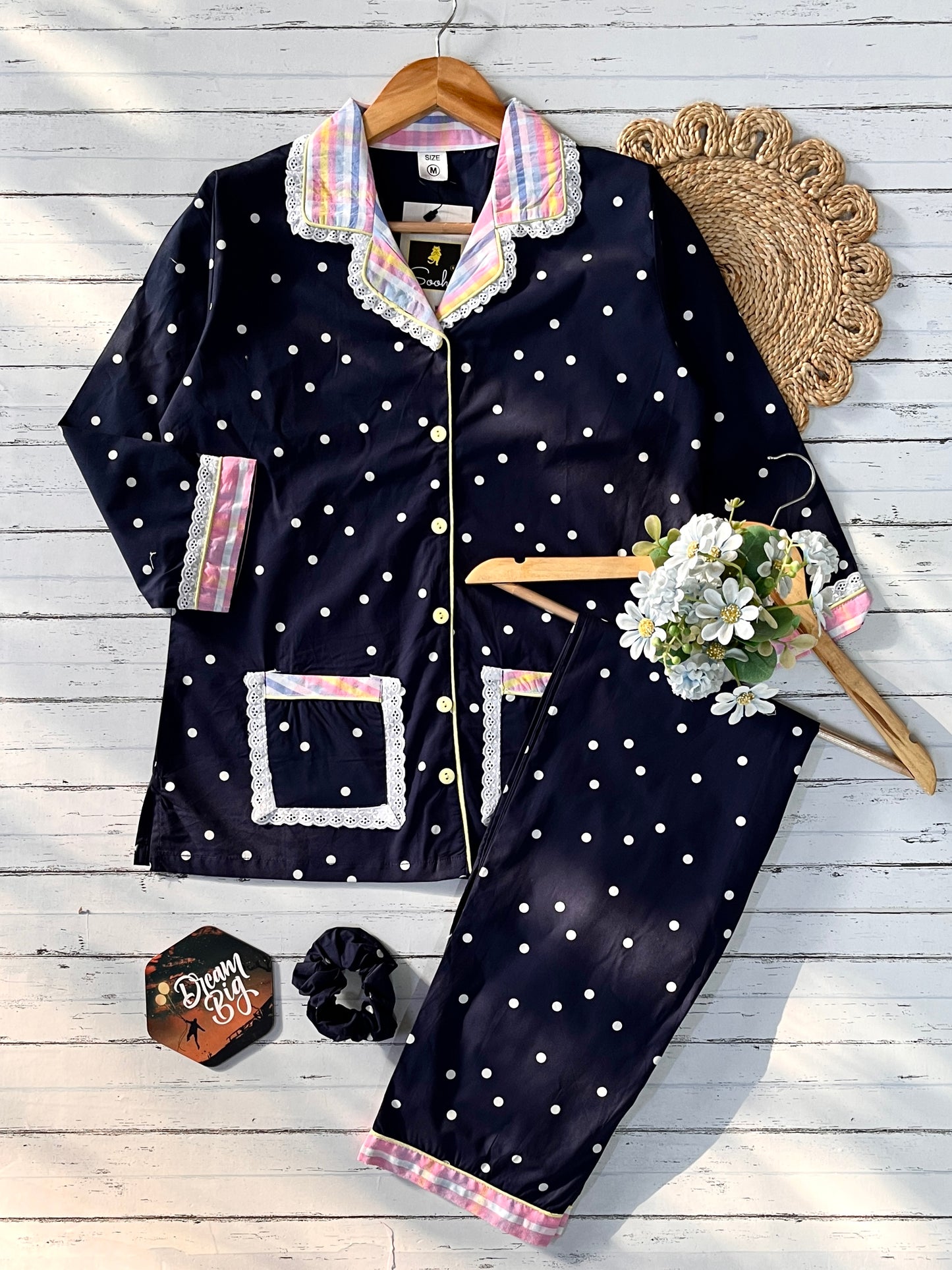 Blue Polka Lace Nightsuit PJ set (Women)