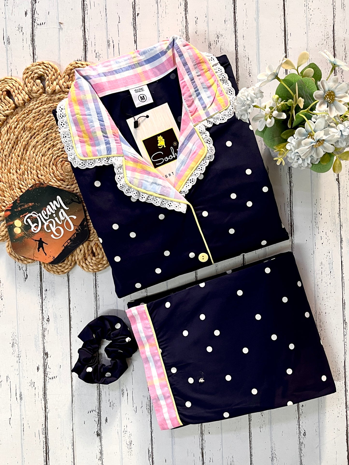 Blue Polka Lace Nightsuit PJ set (Women)