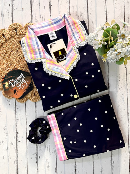 Blue Polka Lace Nightsuit PJ set (Women)