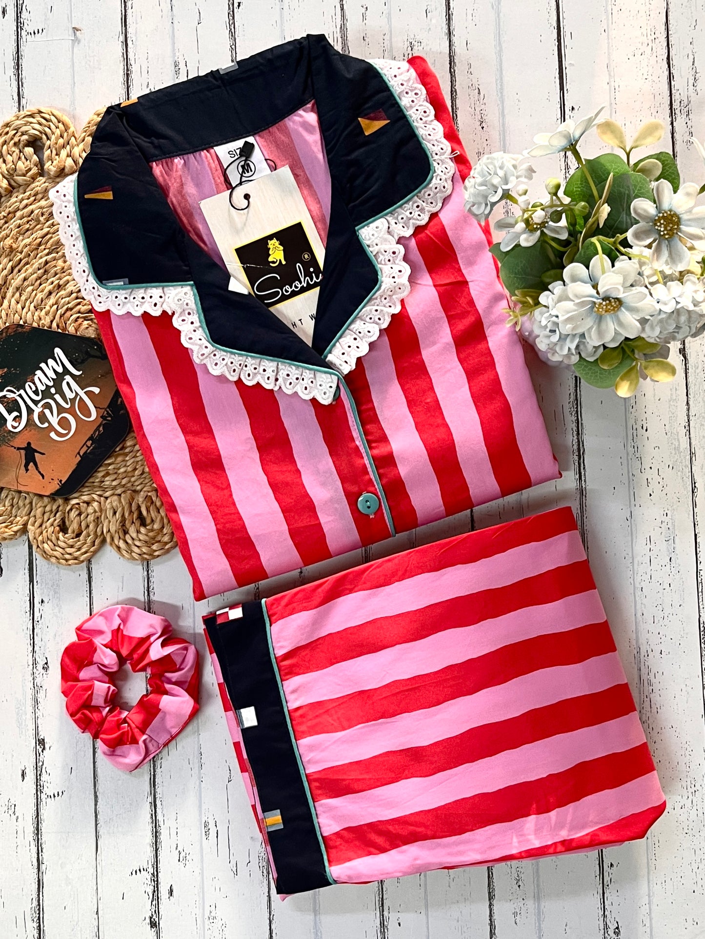 Pink Stripe Lace Nightsuit PJ set (Women)