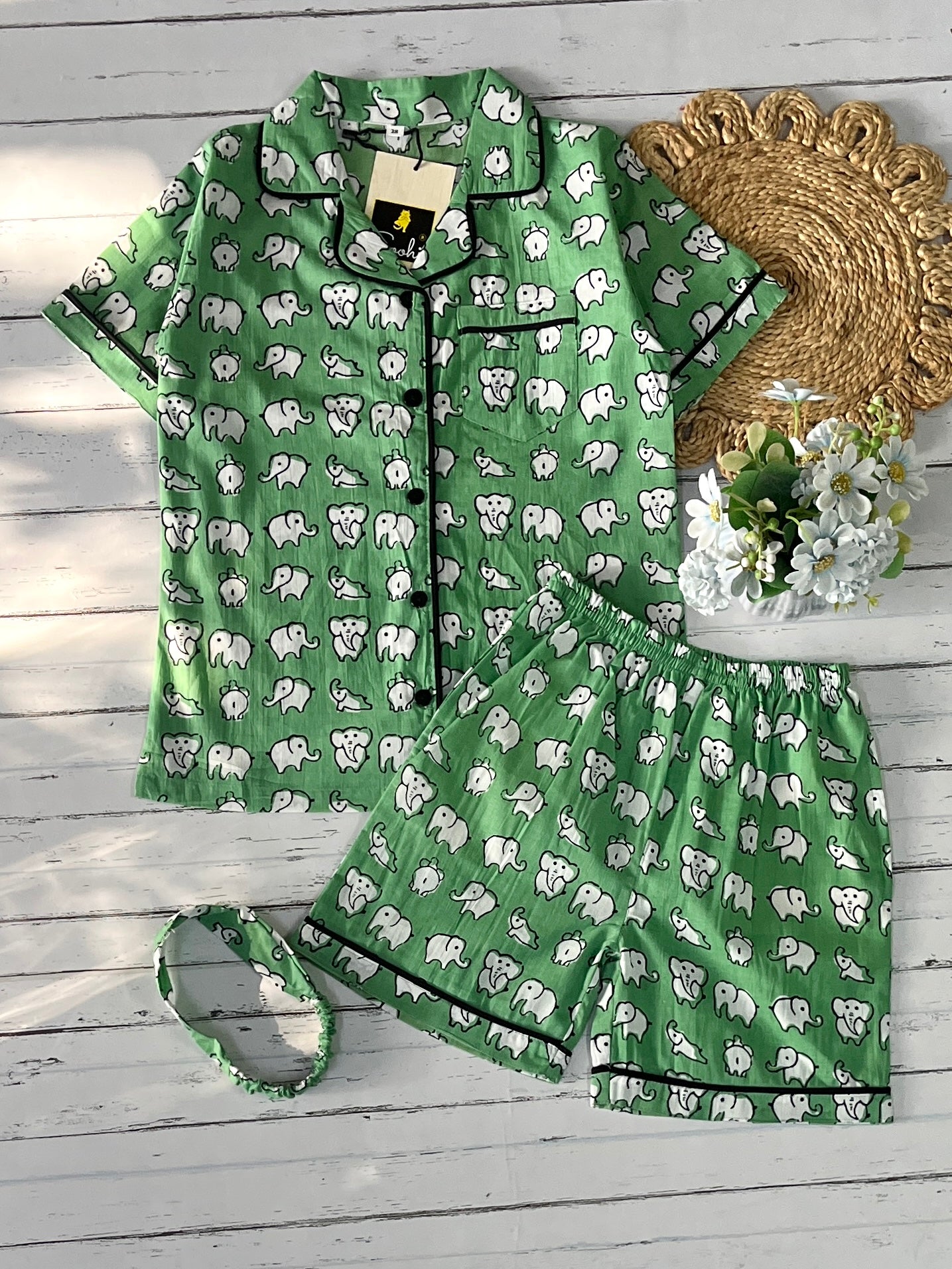 Green Elephant Shorts Set (Kids)