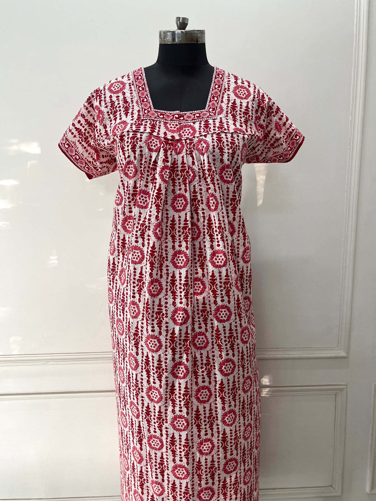 Red Blocks Cotton Nighty (Women)