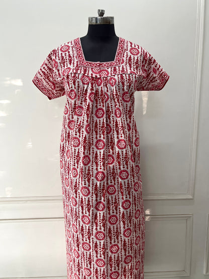 Red Blocks Cotton Nighty (Women)