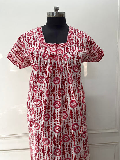 Red Blocks Cotton Nighty (Women)