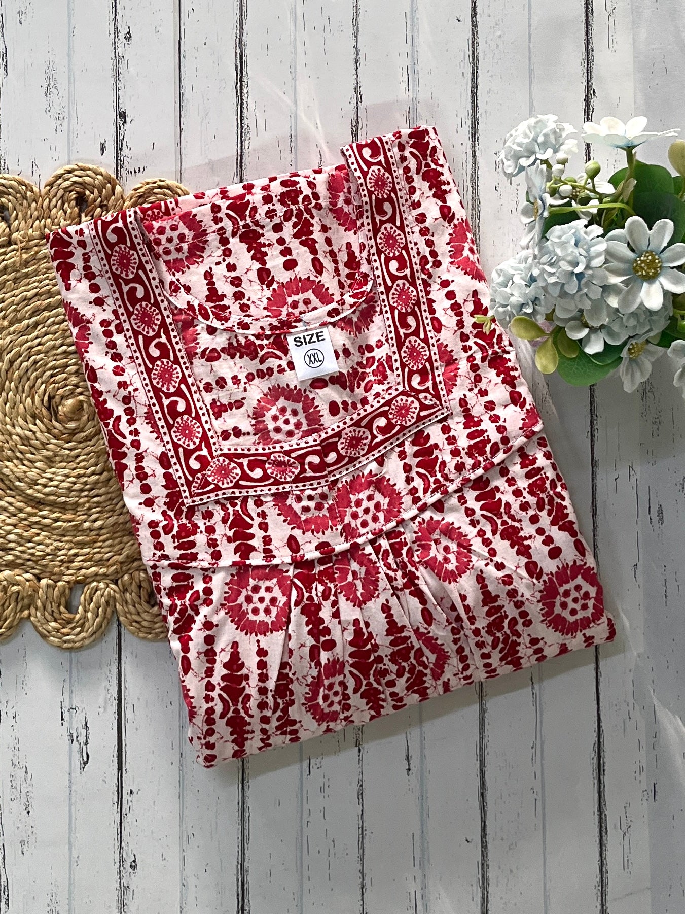 Red Blocks Cotton Nighty (Women)