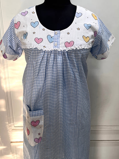 Blue Checks with Hearts Nighty (Women)
