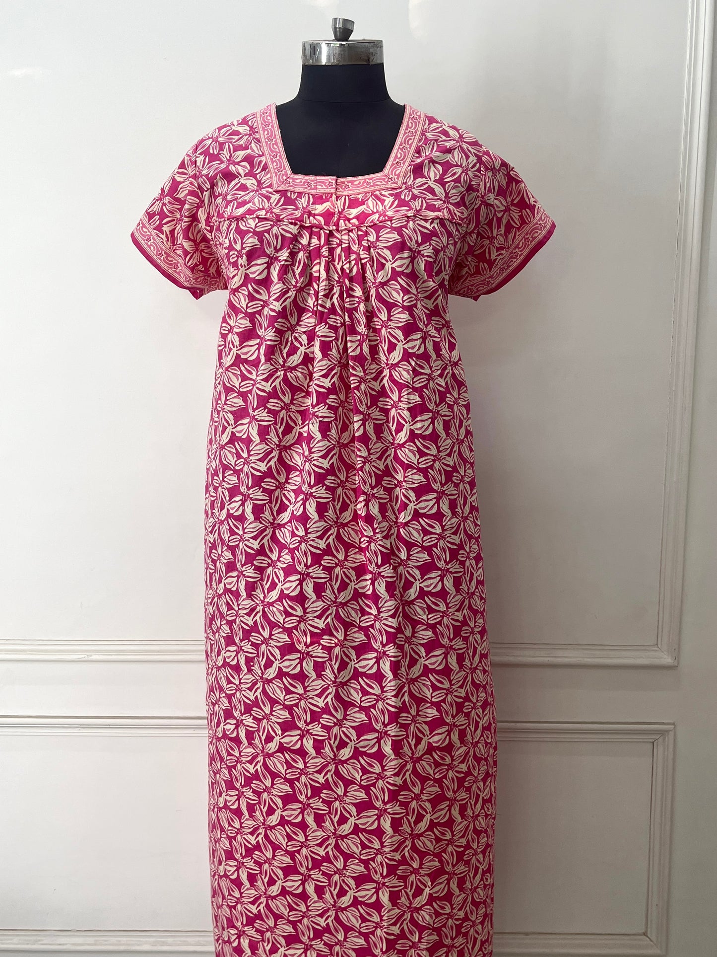 Pink Leaves Cotton Nighty (Women)