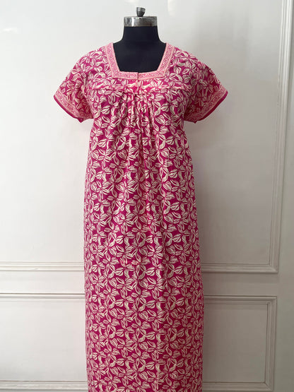 Pink Leaves Cotton Nighty (Women)