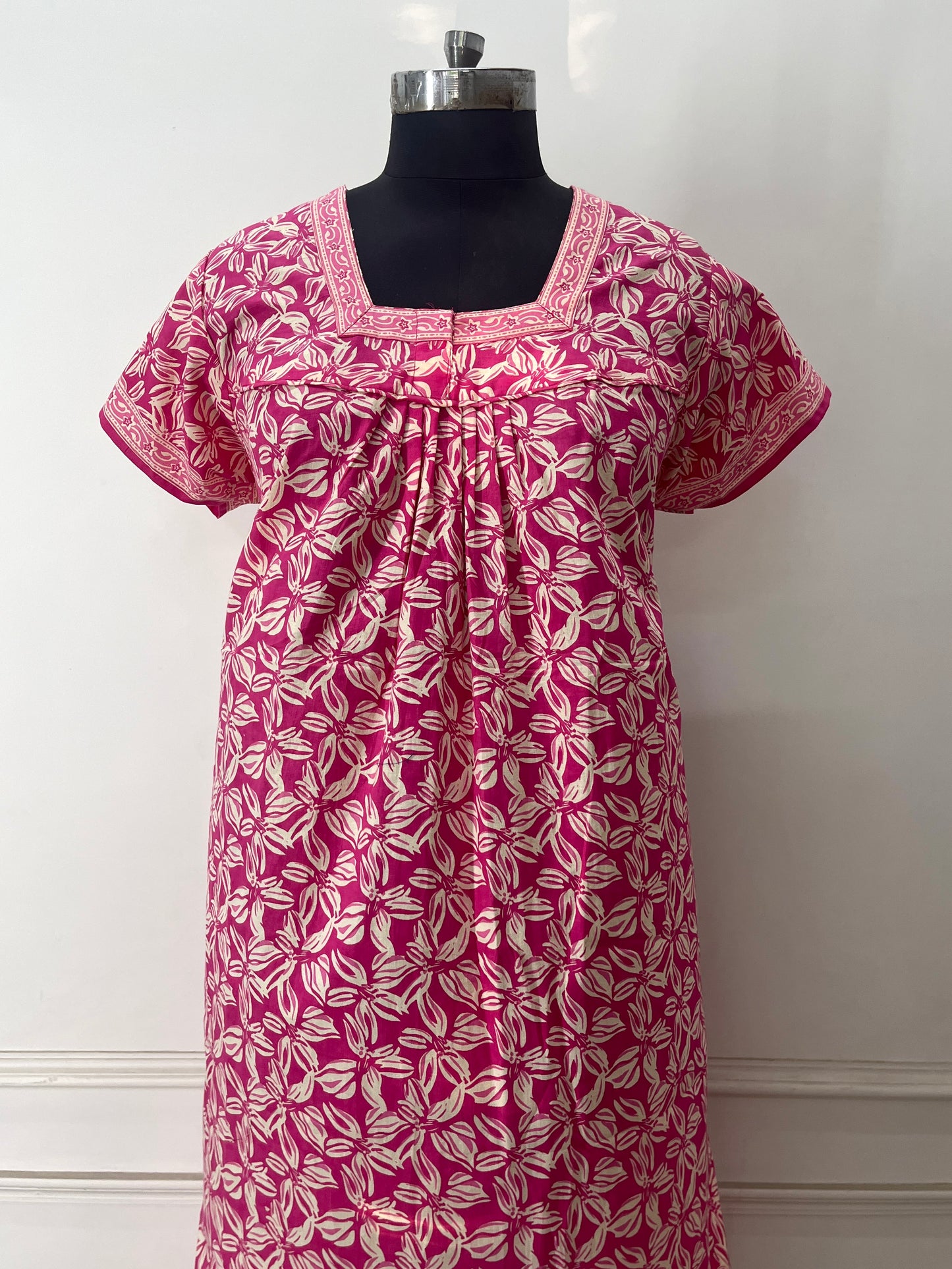 Pink Leaves Cotton Nighty (Women)