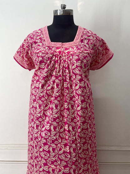 Pink Leaves Cotton Nighty (Women)