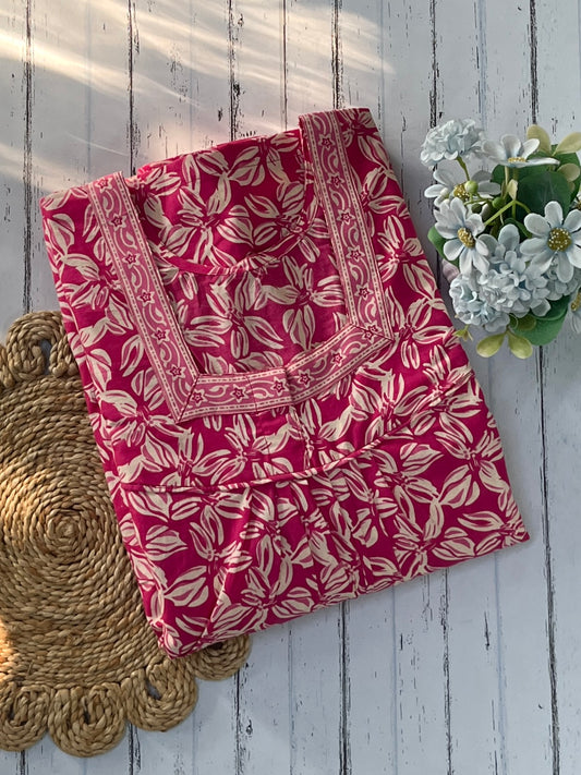 Pink Leaves Cotton Nighty (Women)