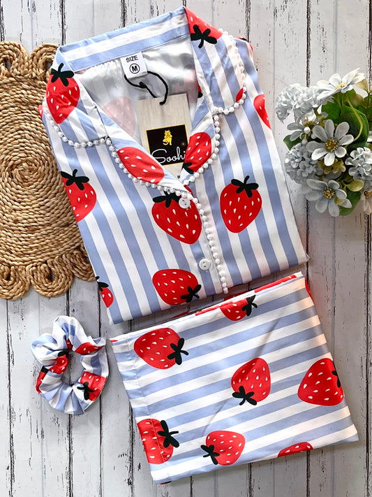 Blue Strawberry Luxe Satin Pj Set