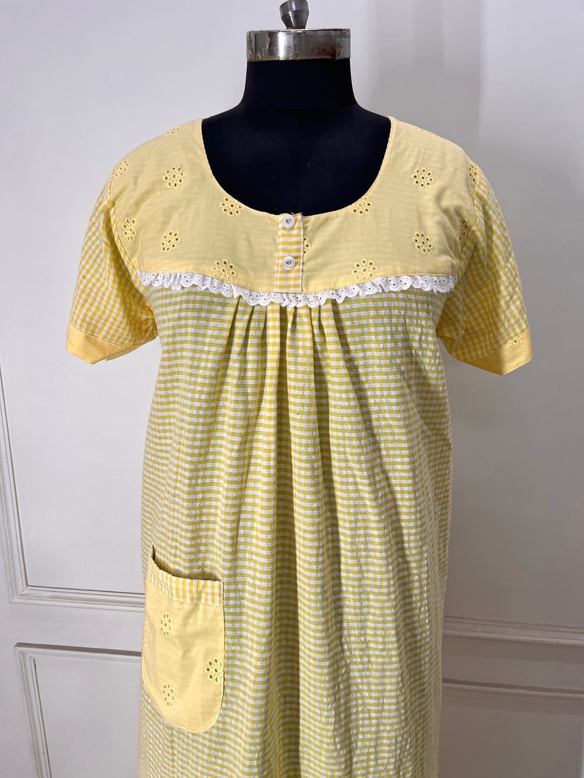 Yellow Small Check Gingham Chicken Nighty (Women)
