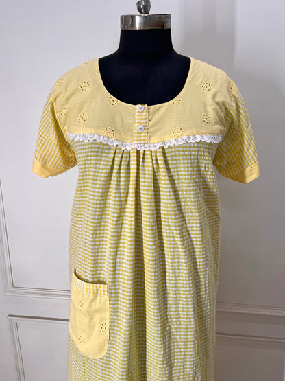 Yellow Small Check Gingham Chicken Nighty (Women)