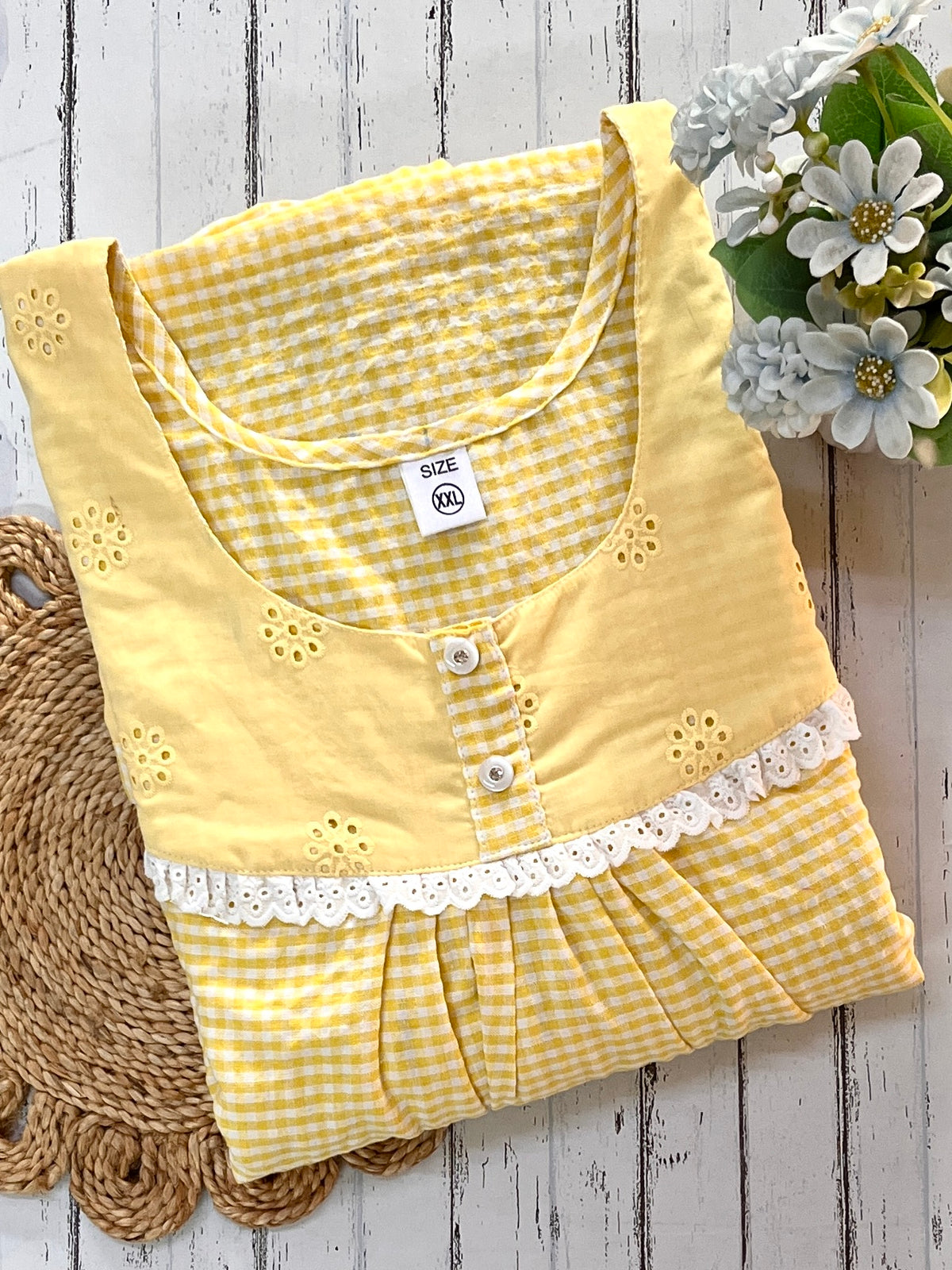 Yellow Small Check Gingham Chicken Nighty (Women)