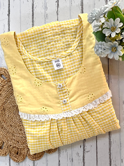 Yellow Small Check Gingham Chicken Nighty (Women)