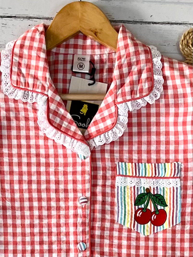 Orange Check Cherry Emb PJ Set