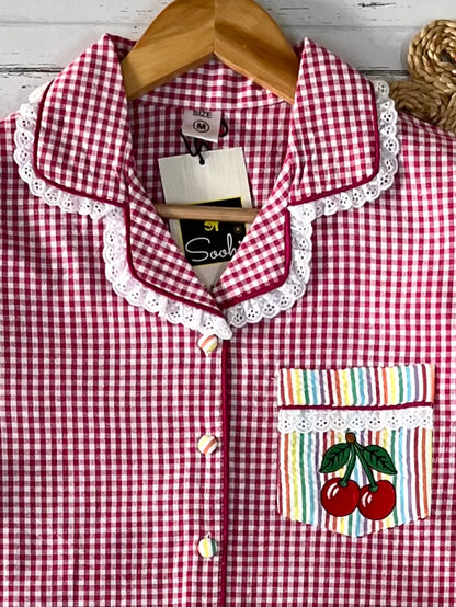 Pink Check Cherry Emb PJ Set