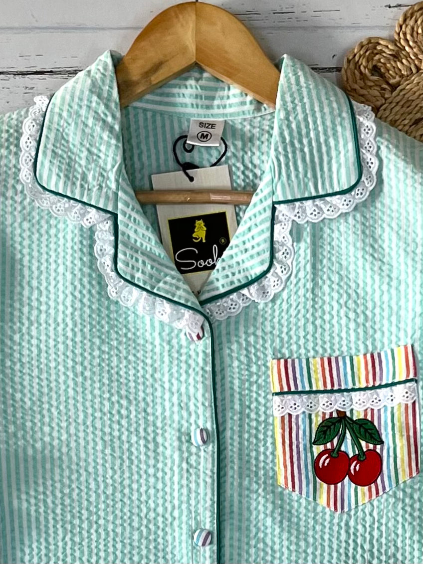 Mint Green Check Cherry Emb PJ Set