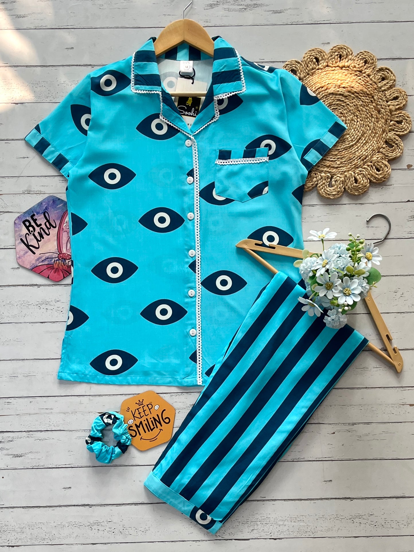 Blue Evil Eye Stripe PJ Set ( Women )