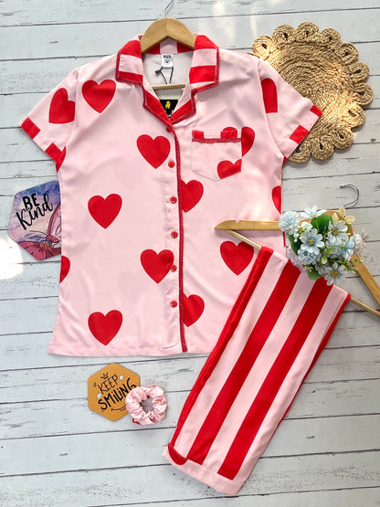 Pink heart stripe pj set(women )