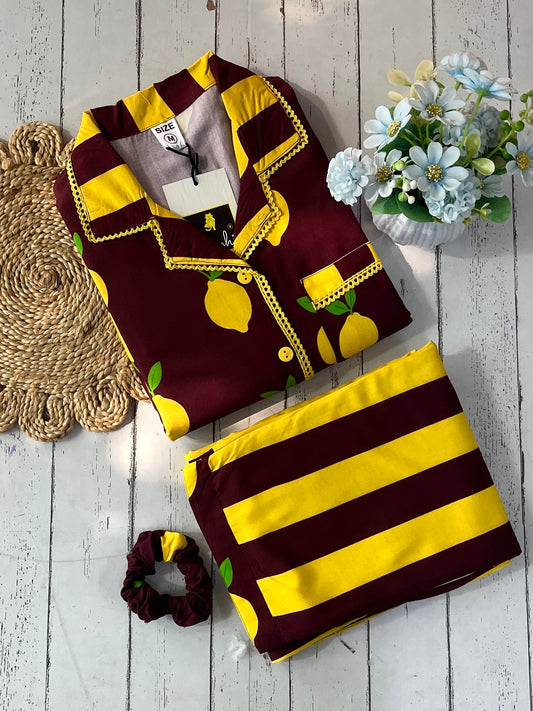 Brown Lemon Stripe PJ Set ( Women )