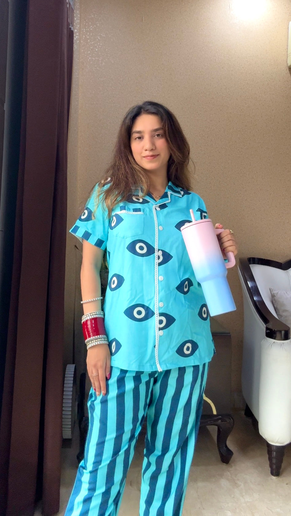 Blue Evil Eye Stripe PJ Set ( Women )