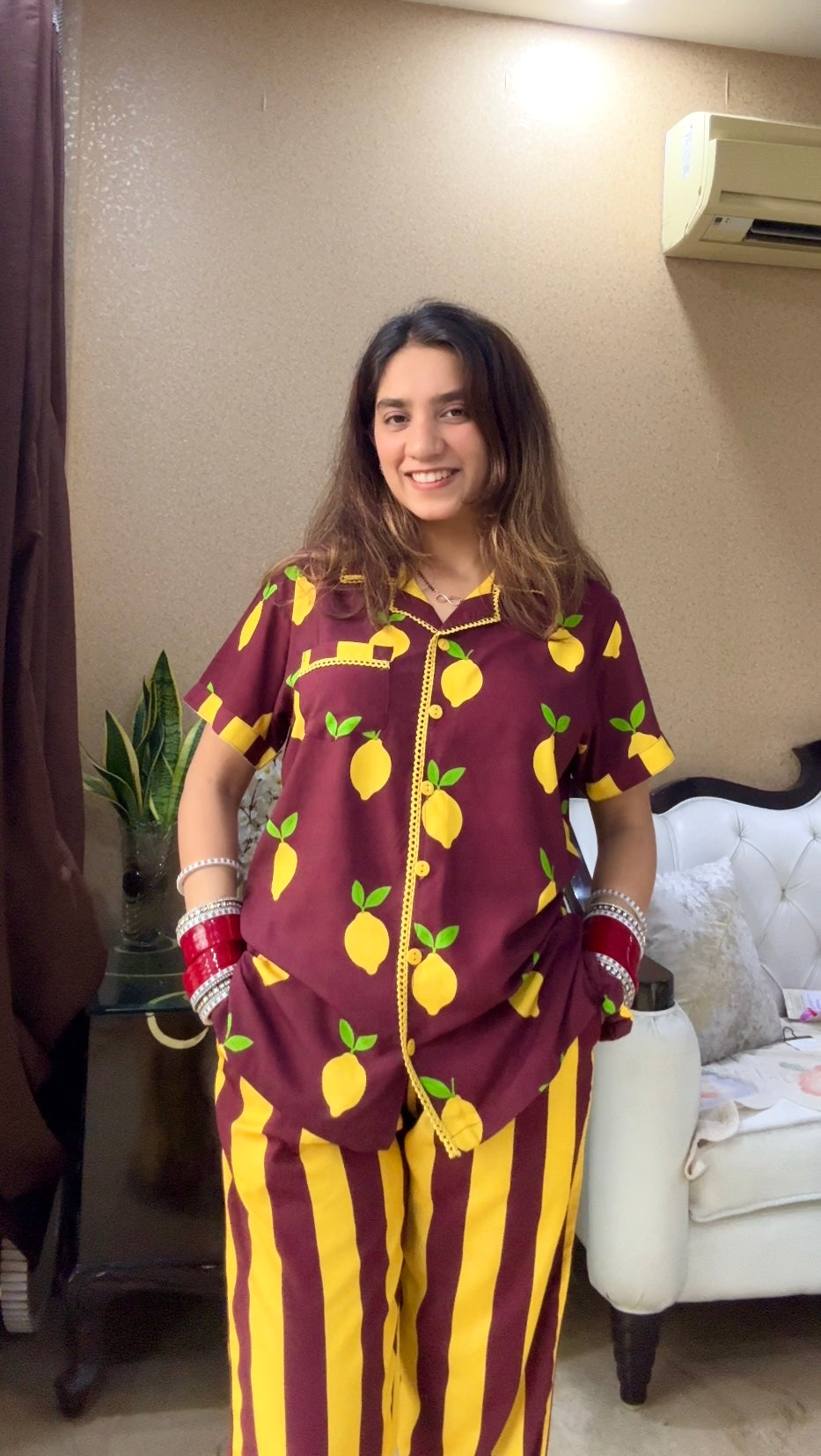 Brown Lemon Stripe PJ Set ( Women )