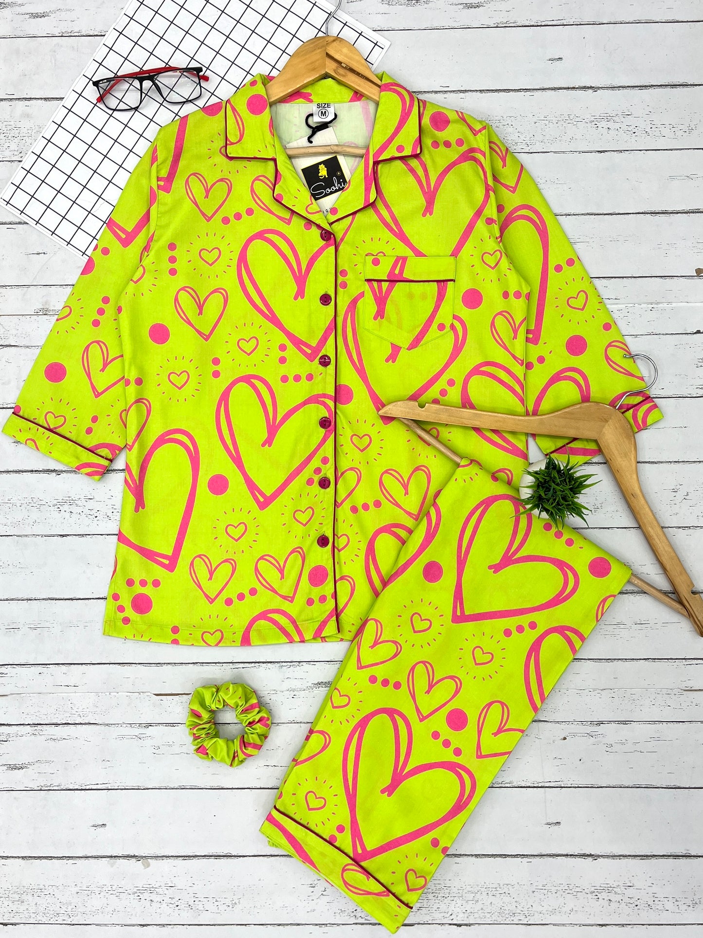 Neon Green Heart print Pure Cotton PJ Set (Women)