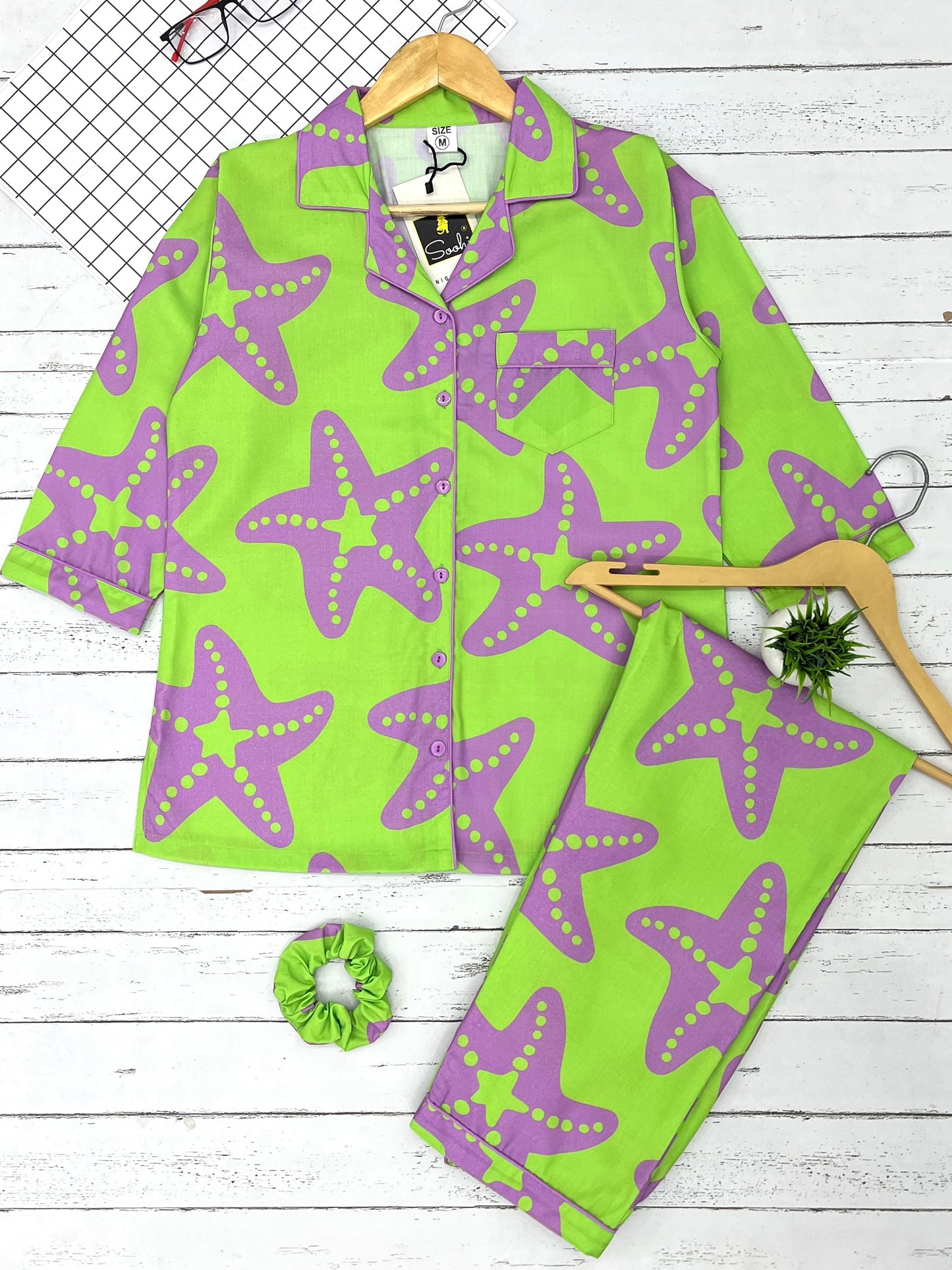 Lime Green Starfish print Pure Cotton PJ Set (Women)